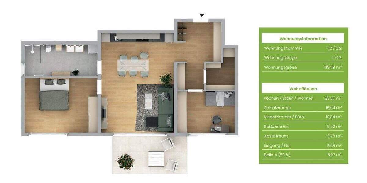 Etagenwohnung Burgthann Heinleinshof - 3 Zimmer, 89 m&sup2;, 418.345&euro; | Angebot:25820649