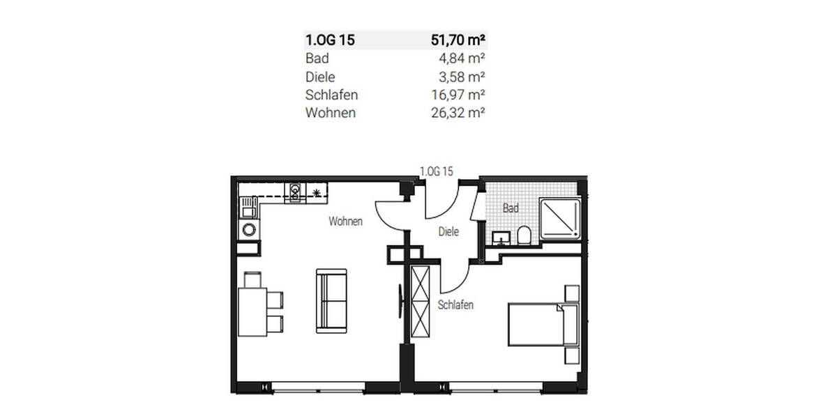 Etagenwohnung Nürnberg Tafelhof - 2 Zimmer, 51 m&sup2;, 1.077&euro; | Angebot:26909026