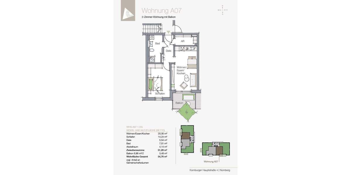 Terrassenwohnung Nürnberg Kornburg - 2 Zimmer, 54 m&sup2;, 281.538&euro; | Angebot:26742067