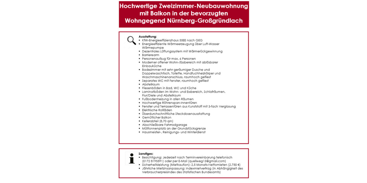Nürnberg Großgründlach 2-Zimmer-NB-Whg mit Balkon & Stellplatz 2 zimmer