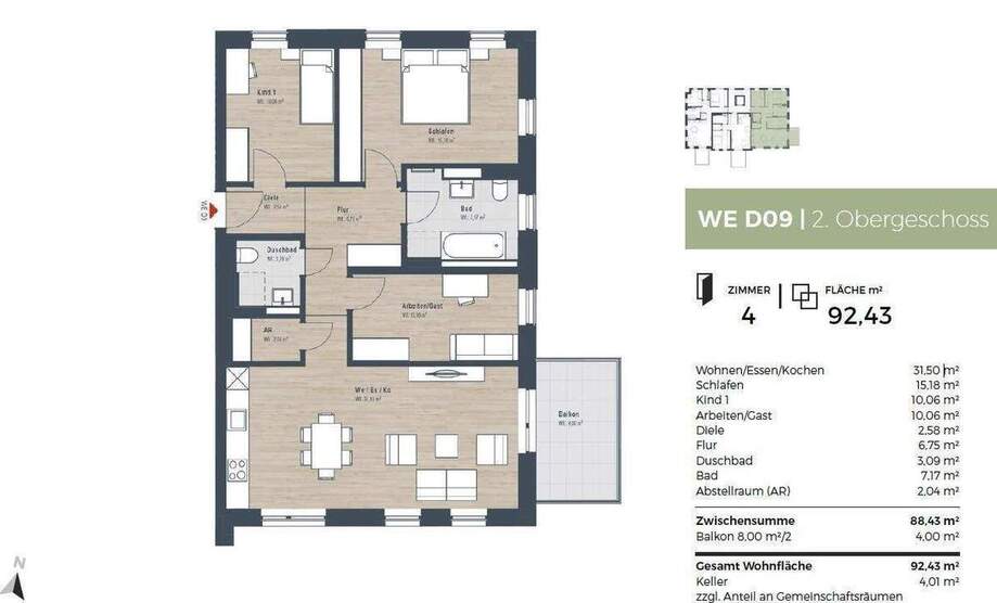 Lichtdurchflutete 4-Zimmer mit Tageslicht-Bad, Gäste-WC, Abstellraum, gr. Balkon - KfW 40 QNG 4 zimmer