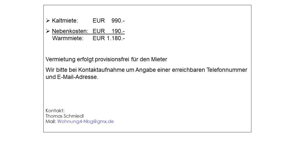 Etagenwohnung Nürnberg Zerzabelshof - 2 Zimmer, 60 m&sup2;, 990&euro; | Angebot:25572155