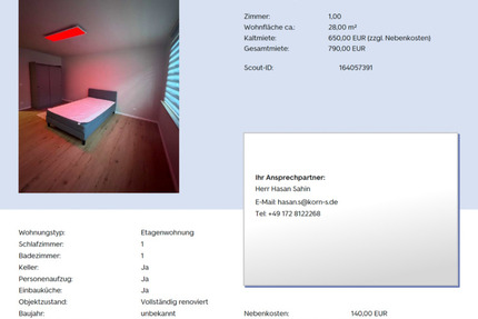 Möbeliertes 1-Zimmer Apartment 1 zimmer