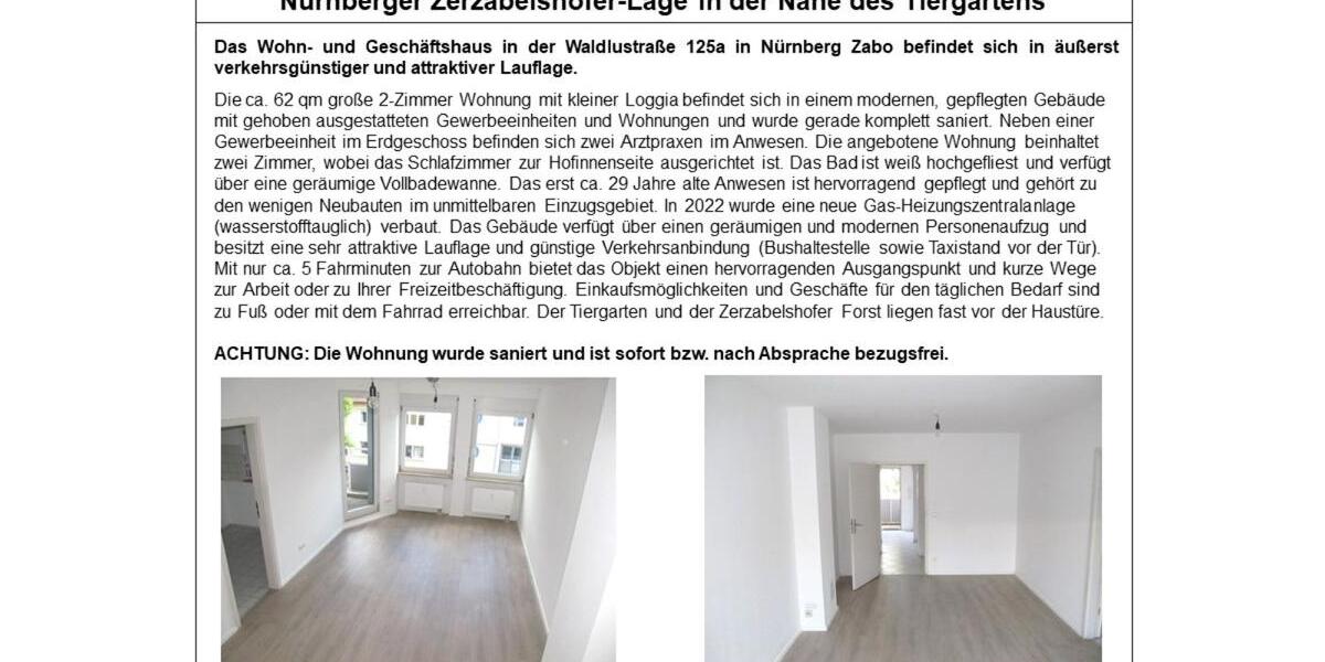 Etagenwohnung Nürnberg Zerzabelshof - 2 Zimmer, 60 m&sup2;, 990&euro; | Angebot:25572155