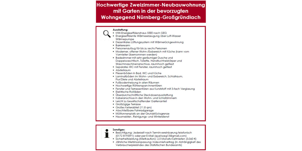 Erdgeschoßwohnung Nürnberg Almoshof - 2 Zimmer, 70 m&sup2;, 1.225&euro; | Angebot:25383607