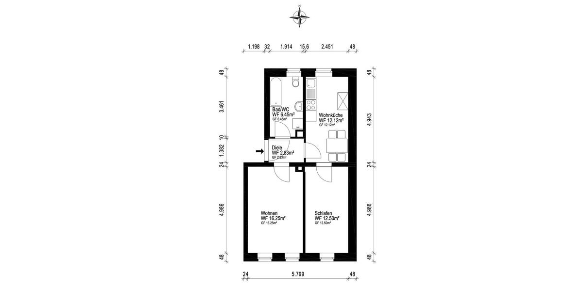 Etagenwohnung Nürnberg Gärten bei Wöhrd - 2 Zimmer, 51 m&sup2;, 245.000&euro; | Angebot:27613373