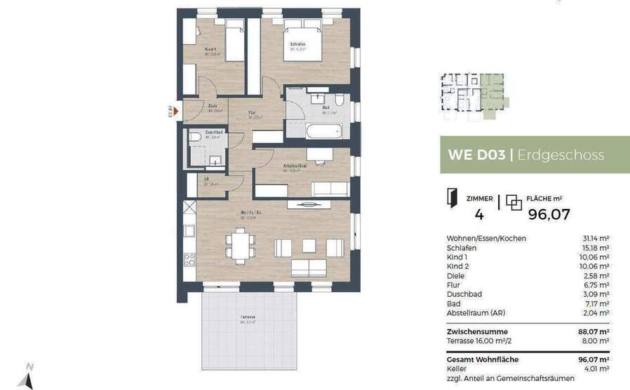 Verkaufsstart - Sonnige Gartenwohnung, Süd-Terrasse, Bad mit Tageslicht, KfW 40 QNG 4 zimmer