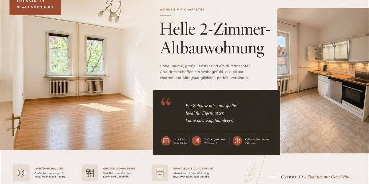 Etagenwohnung Nürnberg Steinbühl - 2 Zimmer, 66 m&sup2;, 222.000&euro; | Angebot:26306370