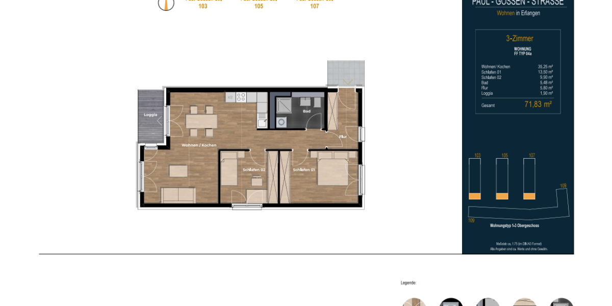 Etagenwohnung Erlangen Sebaldussiedlung - 3 Zimmer, 72 m&sup2;, 1.136&euro; | Angebot:27644256