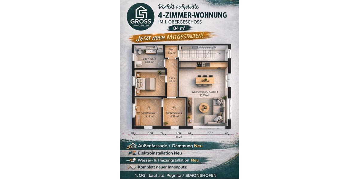 Etagenwohnung Lauf an der Pegnitz - 4 Zimmer, 84 m&sup2;, 279.000&euro; | Angebot:27160875